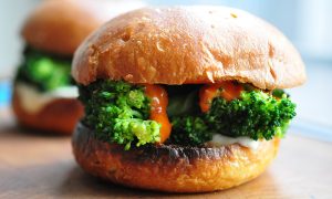 broccoli and gochujang sandwich with mozzarella and garlic chips