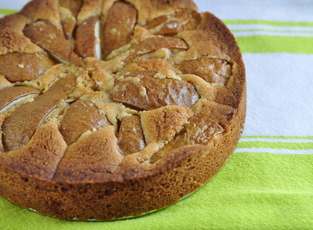 close up of warm brown sugar pear cake