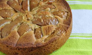 close up of warm brown sugar pear cake