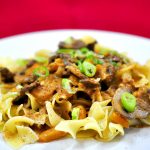 beef and vegetables in a creamy sauce over a pile of egg noodles on a white plate. with a red background
