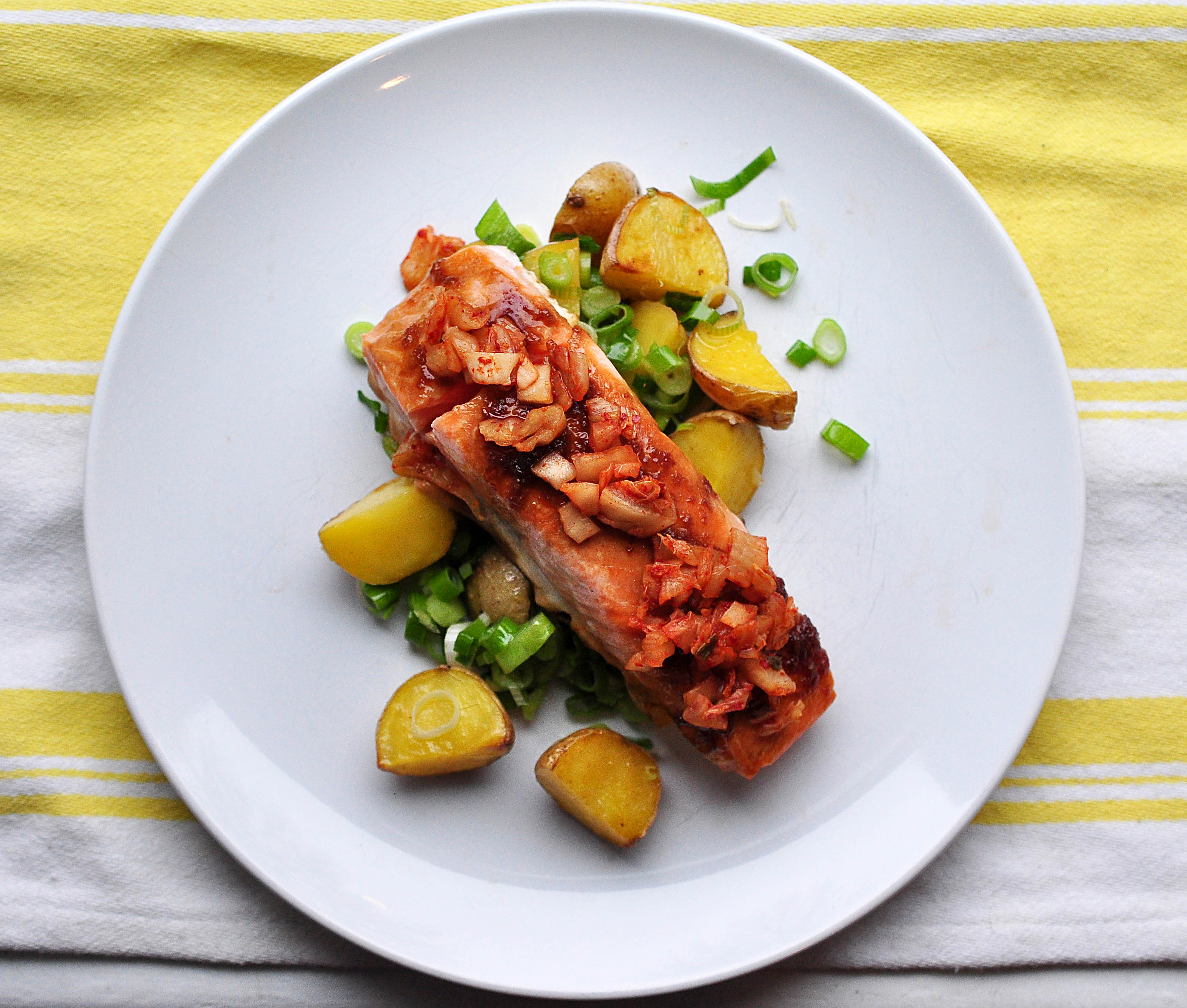 Soy-Garlic Glazed Salmon and Scallion Roasted Potatoes 