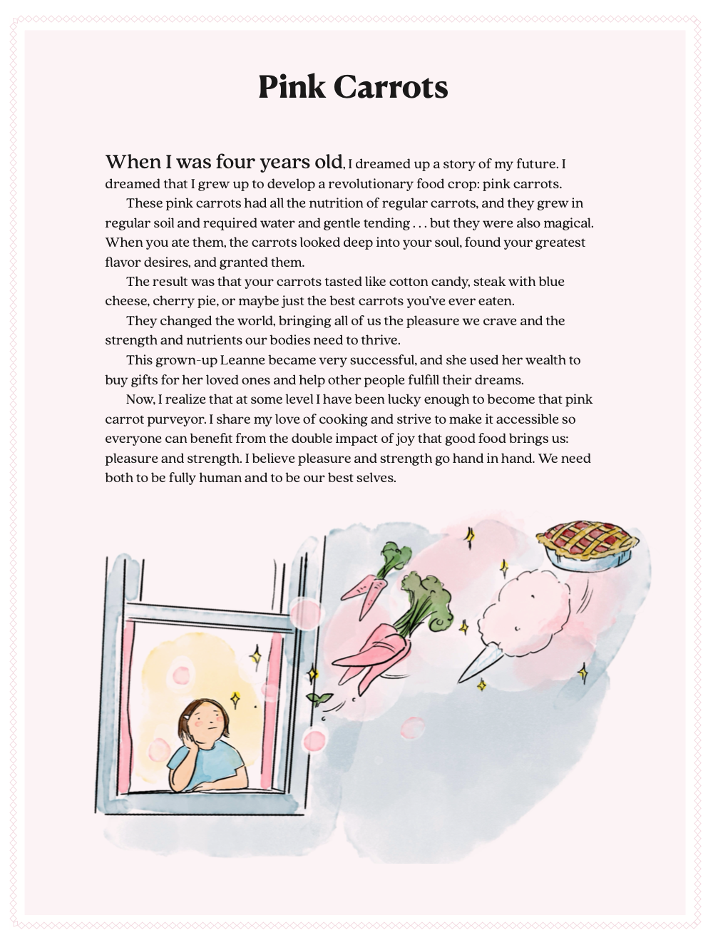 A page from Good Enough telling the story of Leanne's childhood dream to invent magical pink carrots.