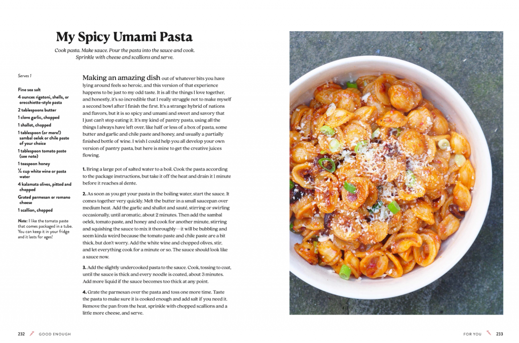 A recipe spread from Good Enough, showing My Spicy Umami Pasta.